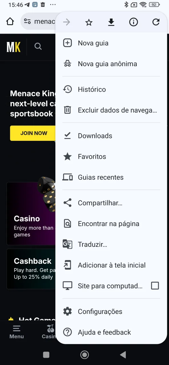 Menu do navegador com três pontos no MenaceKing.