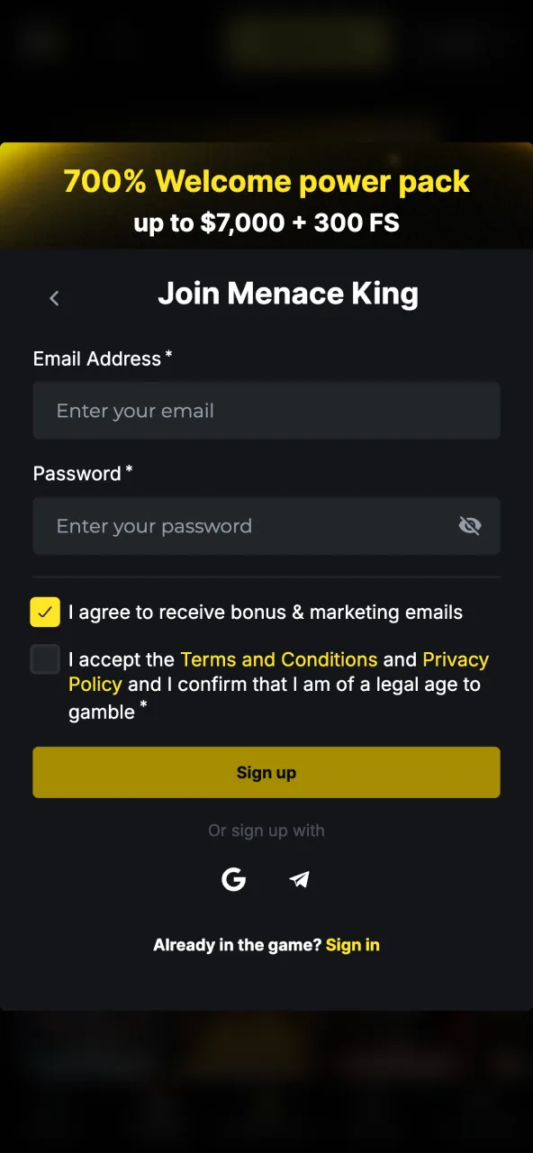 Abra seu perfil MenaceKing com login ou novo cadastro.