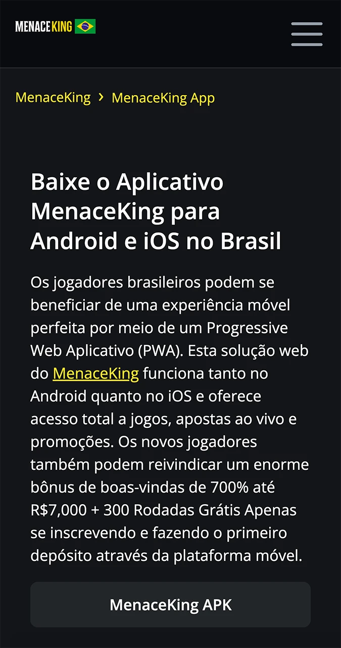 Inicie o processo de instalação do aplicativo MenaceKing para dispositivos Android.