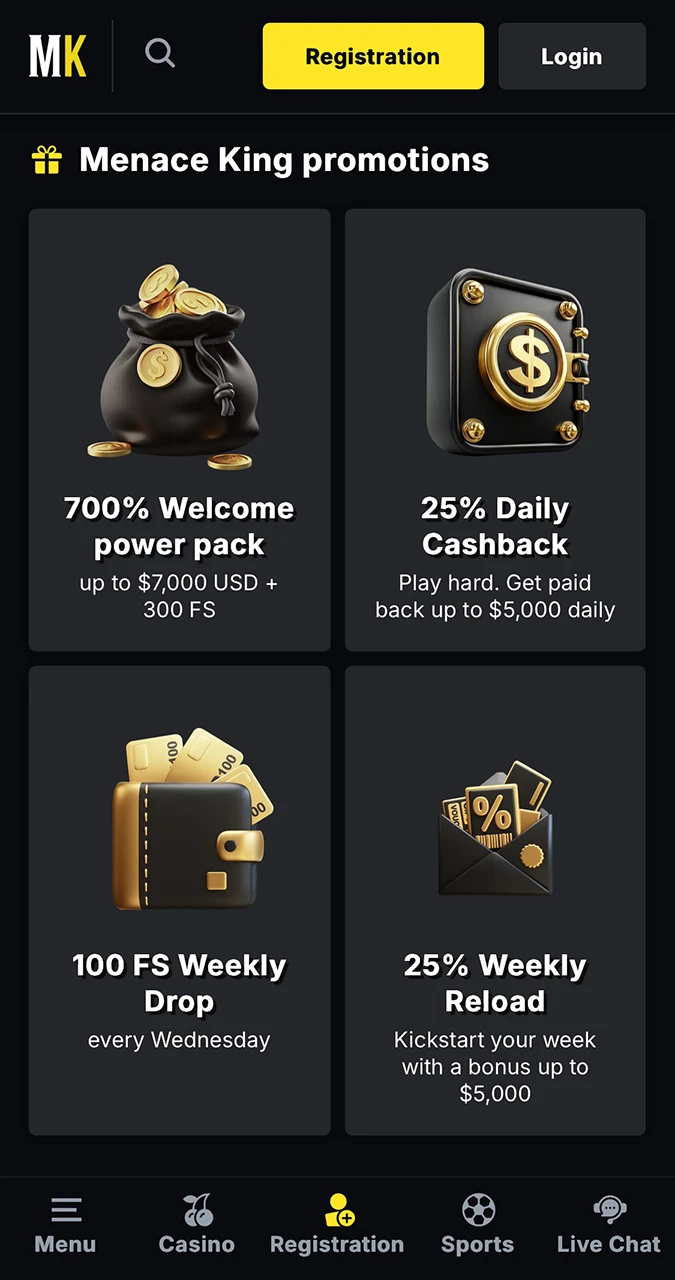 Promoções e bônus do MenaceKing Casino.