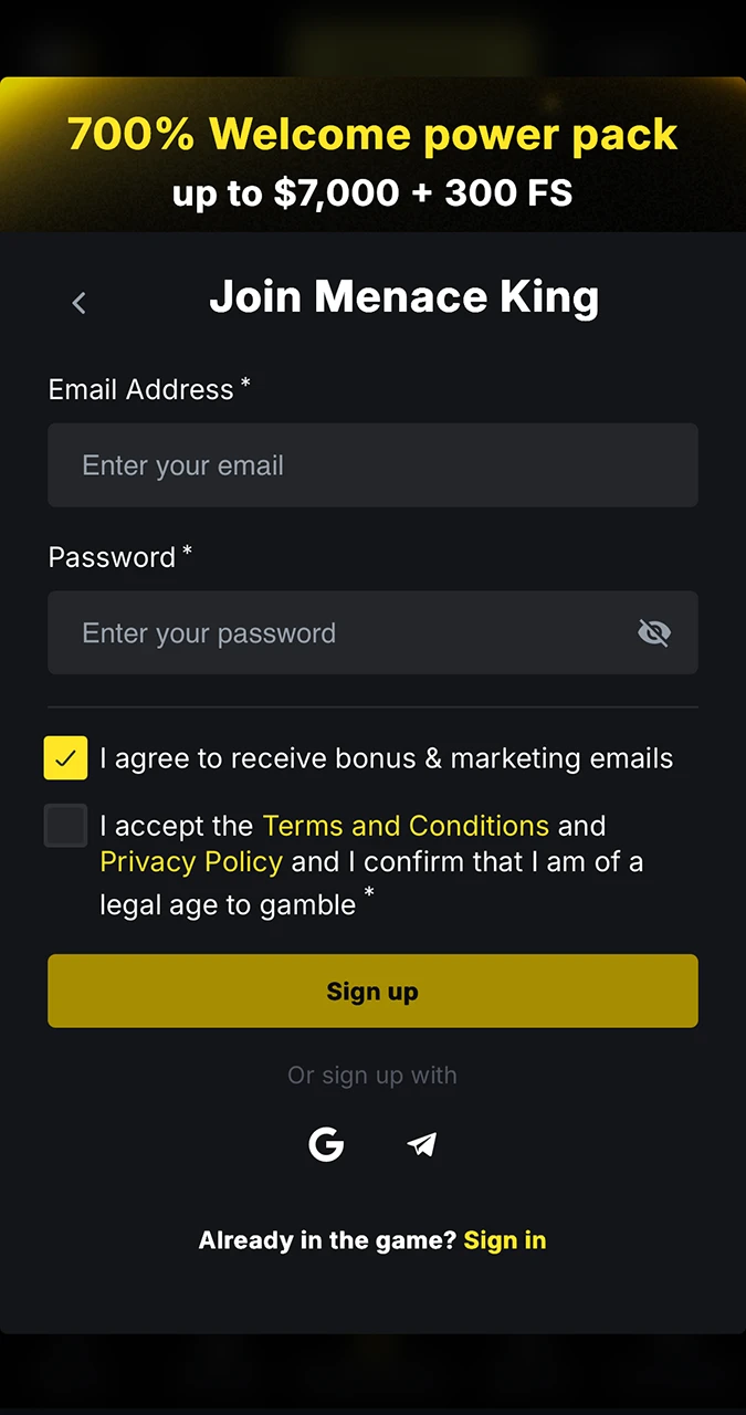 Formulário de registro do MenaceKing.