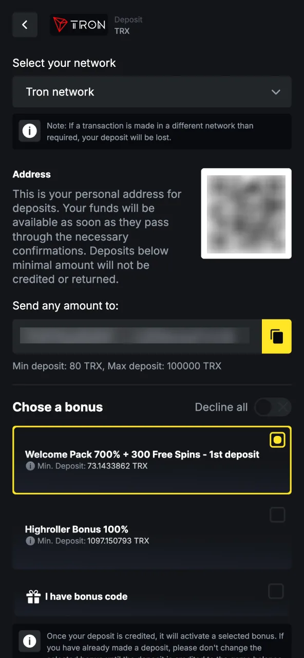 Insira valor no MenaceKing e confirme o depósito.