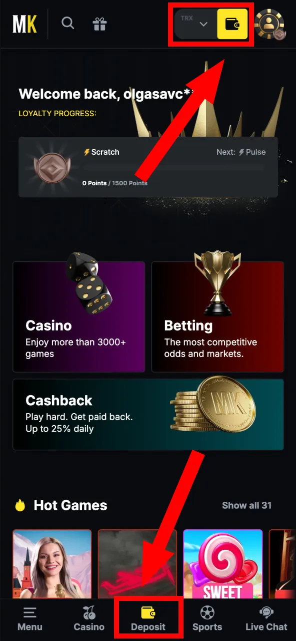 MenaceKing com botão Depositar no menu principal.