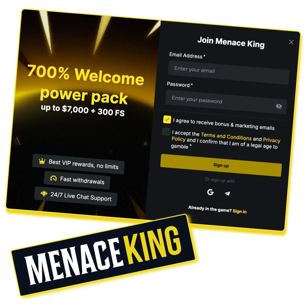 Registro no MenaceKing com acesso a jogos e programa VIP.