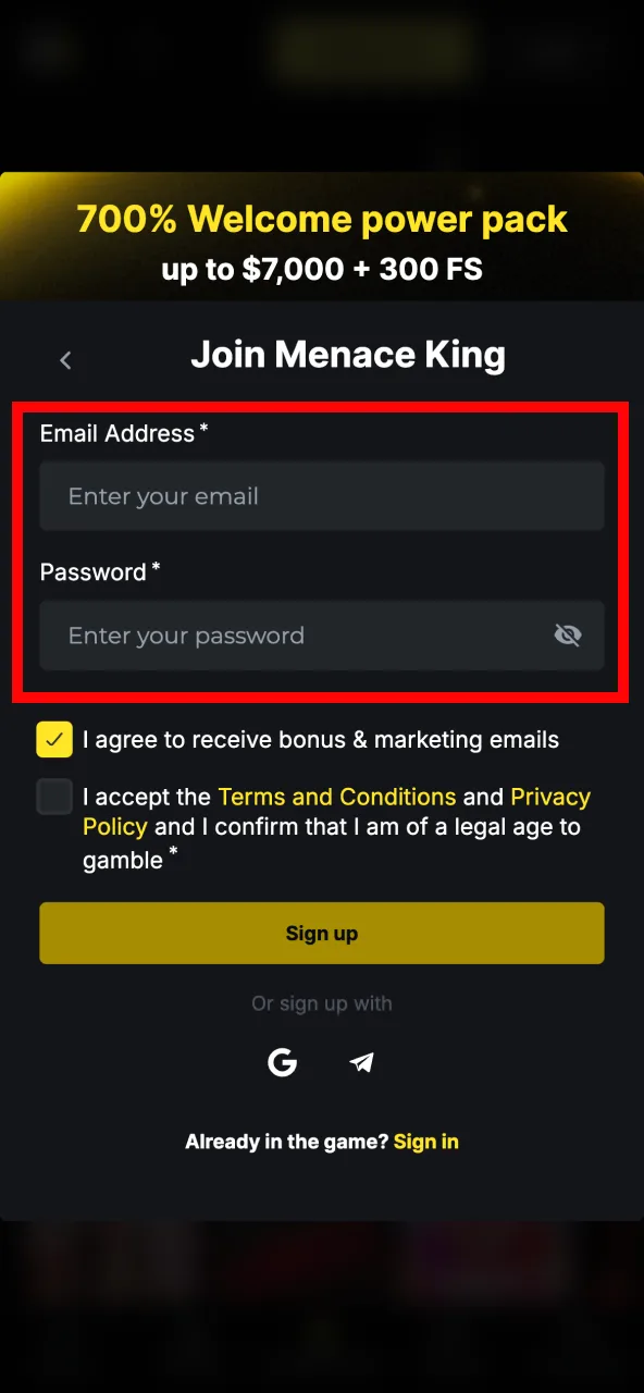 Formulário MenaceKing com campos de e-mail e senha.